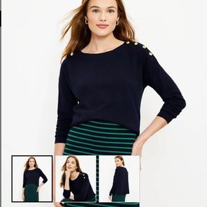 Loft by Ann Taylor NWT Shoulder Gold Button Top Sweatshirt Navy XS Oversized